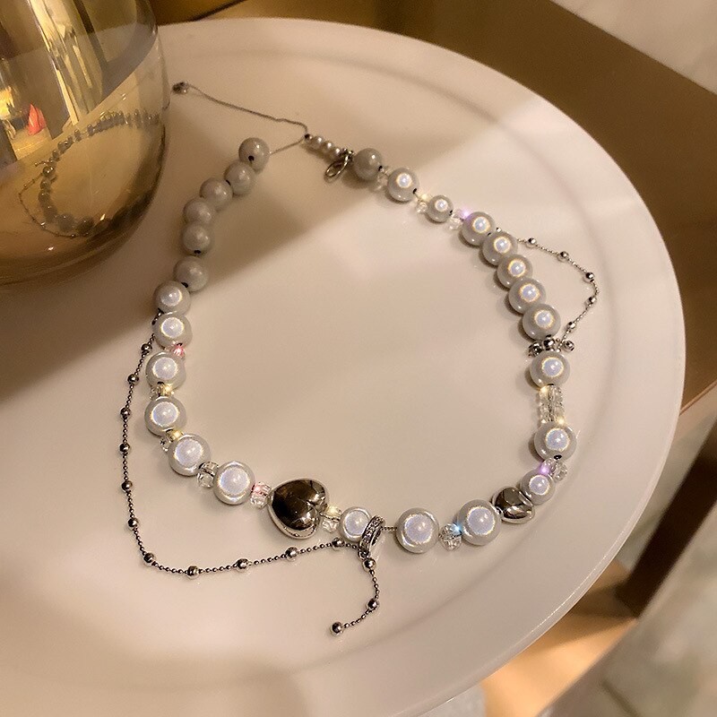2021 Punk Imitation Pearl Love Heart Clavicle Chain Necklaces for Women Vintage Charm Necklace Y2K Jewelry 90s Gifts