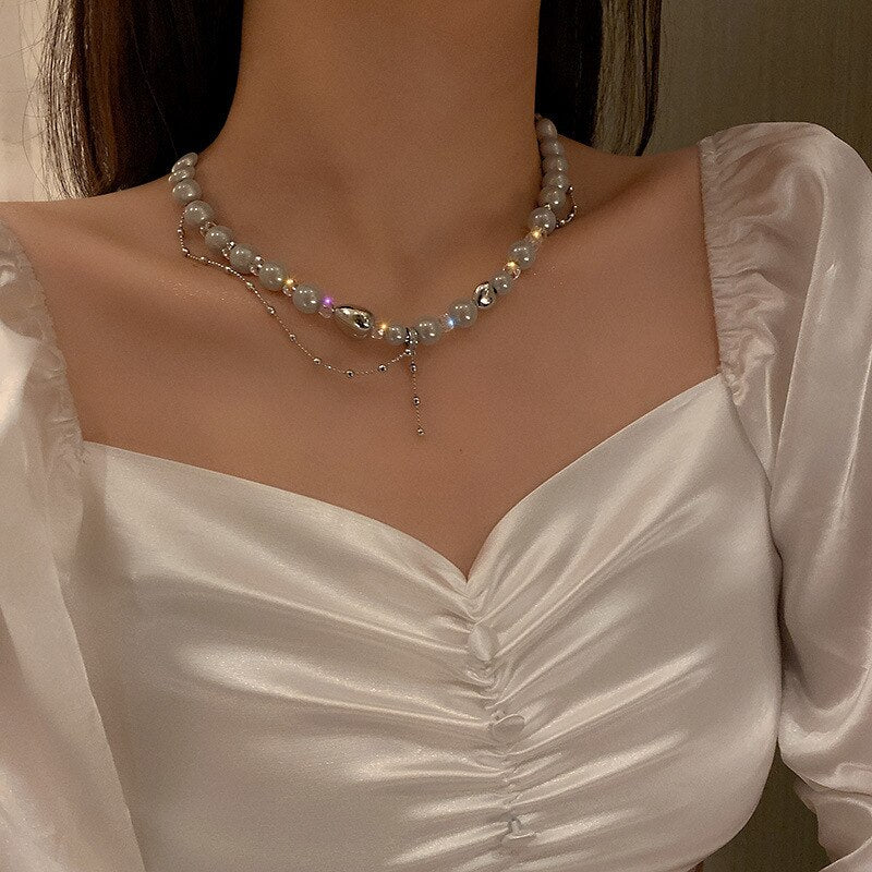 2021 Punk Imitation Pearl Love Heart Clavicle Chain Necklaces for Women Vintage Charm Necklace Y2K Jewelry 90s Gifts