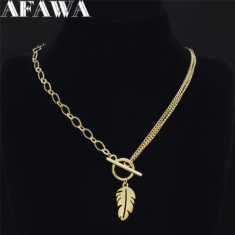 2022 Punk Leaf Stainless Steel Pendant Necklace Women Gold Color Chain Necklaces Jewelry acero inoxidable joyeria N3561S01
