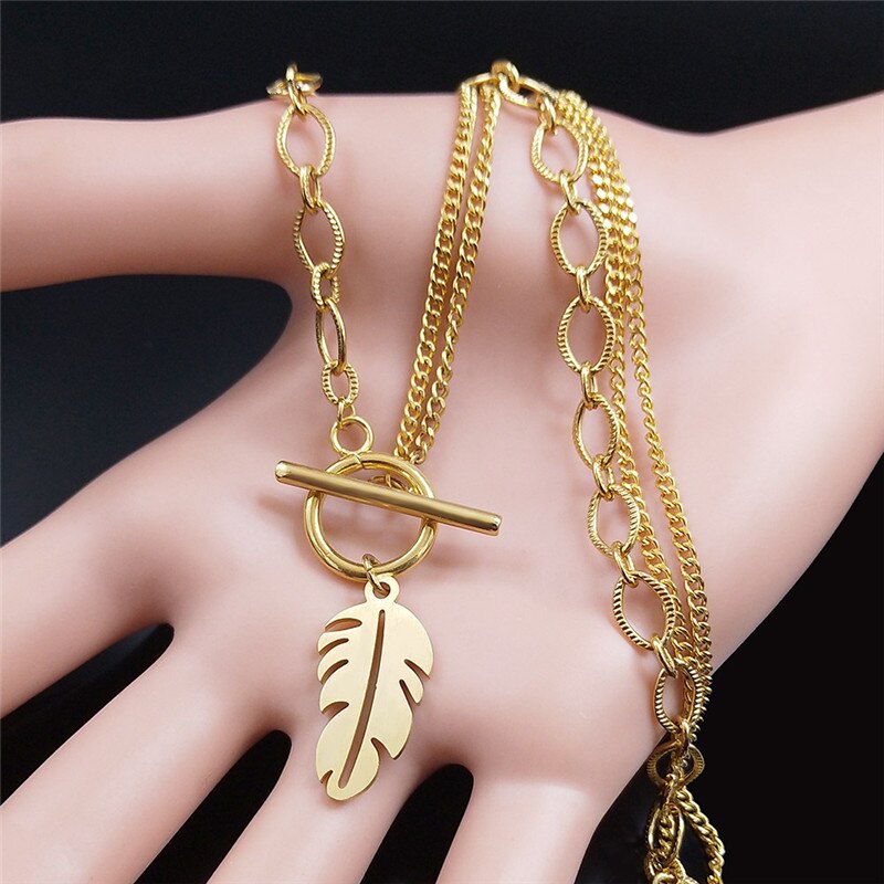 2022 Punk Leaf Stainless Steel Pendant Necklace Women Gold Color Chain Necklaces Jewelry acero inoxidable joyeria N3561S01