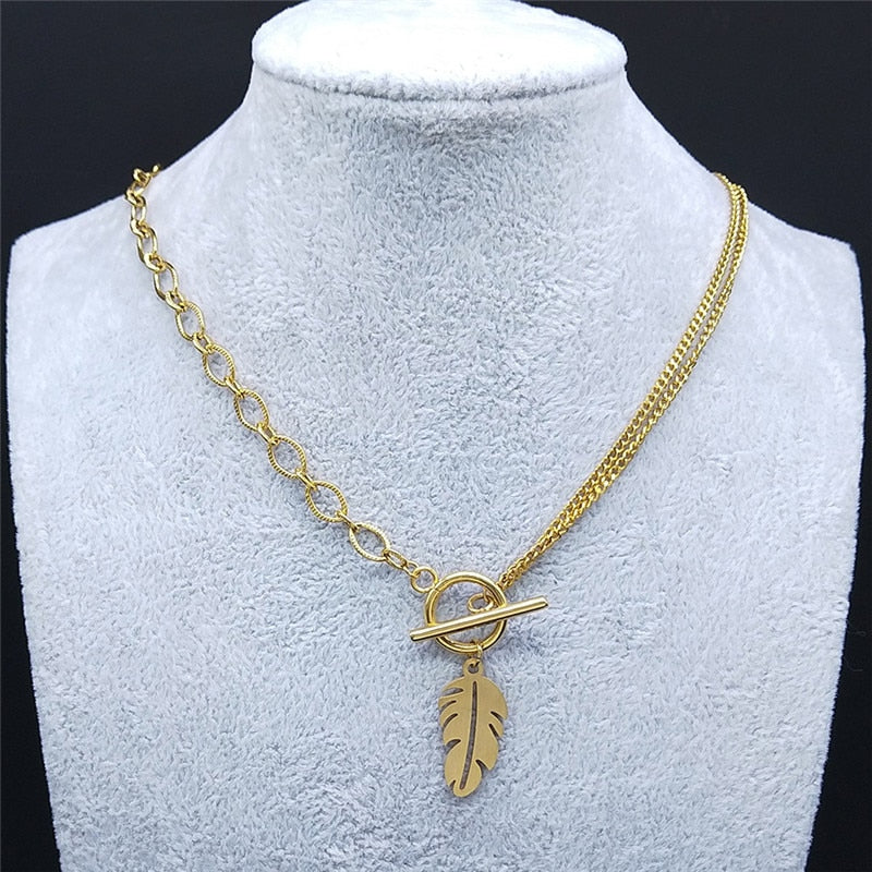 2022 Punk Leaf Stainless Steel Pendant Necklace Women Gold Color Chain Necklaces Jewelry acero inoxidable joyeria N3561S01