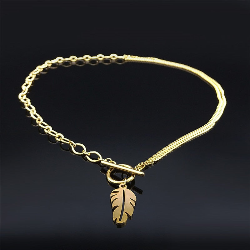2022 Punk Leaf Stainless Steel Pendant Necklace Women Gold Color Chain Necklaces Jewelry acero inoxidable joyeria N3561S01