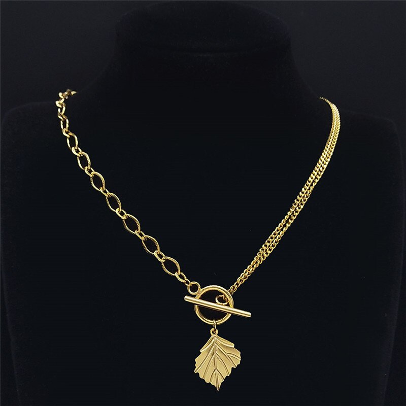 2022 Punk Leaf Stainless Steel Pendant Necklace Women Gold Color Chain Necklaces Jewelry acero inoxidable joyeria N3561S01
