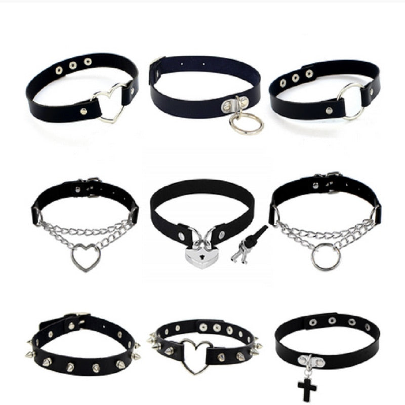 2021 Punk PU Leather Lock Key Heart Round Rivet Collar Studded Choker Necklace Body Birthday Party Gift chocker Jewelry