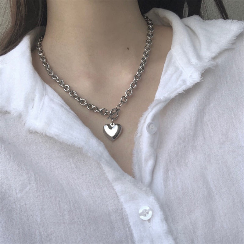 2021 Punk Silver Color Big Heart Clavicle Necklace Women OT Buckle Thick Chain Pendant Necklace Metal Chain Jewelry Gift