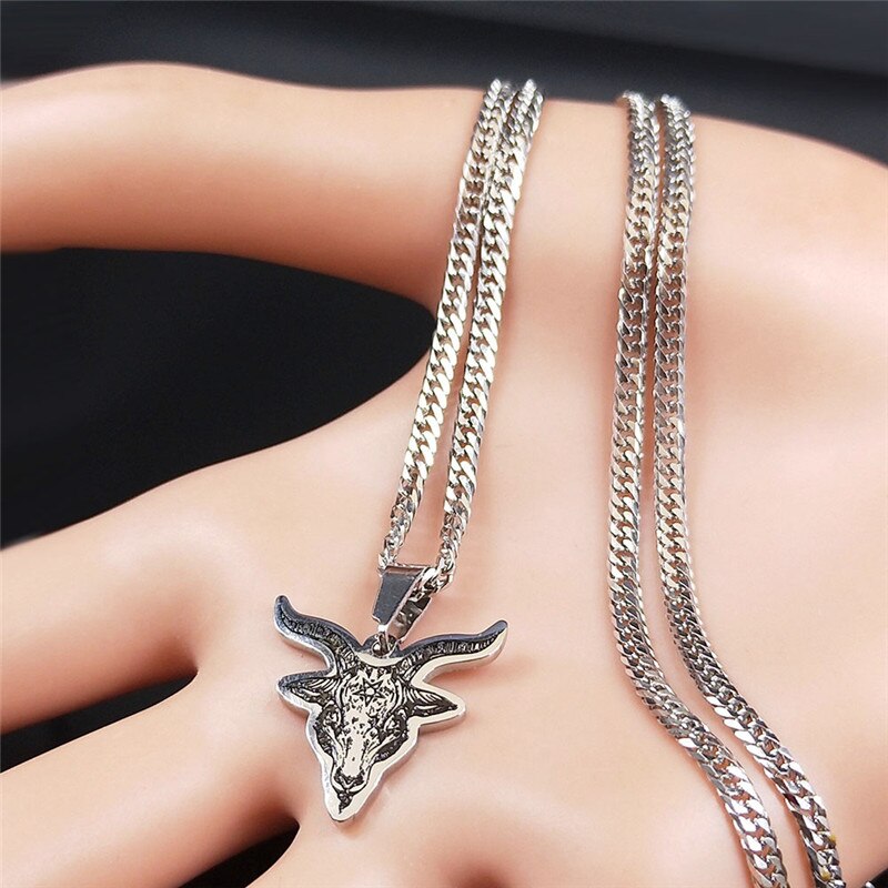 2022 Satan Sheep Head Stainless Steel Neckless Women Silver Color Necklace Pendant Jewelry joyeria acero inoxidable N3774S02