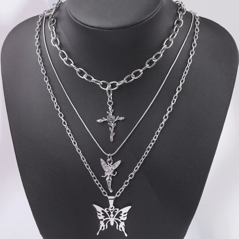 2021 Simple necklace multilayer Butterfly rose Fairy pendant chain Choker For Girl women's chain necklaces accessories