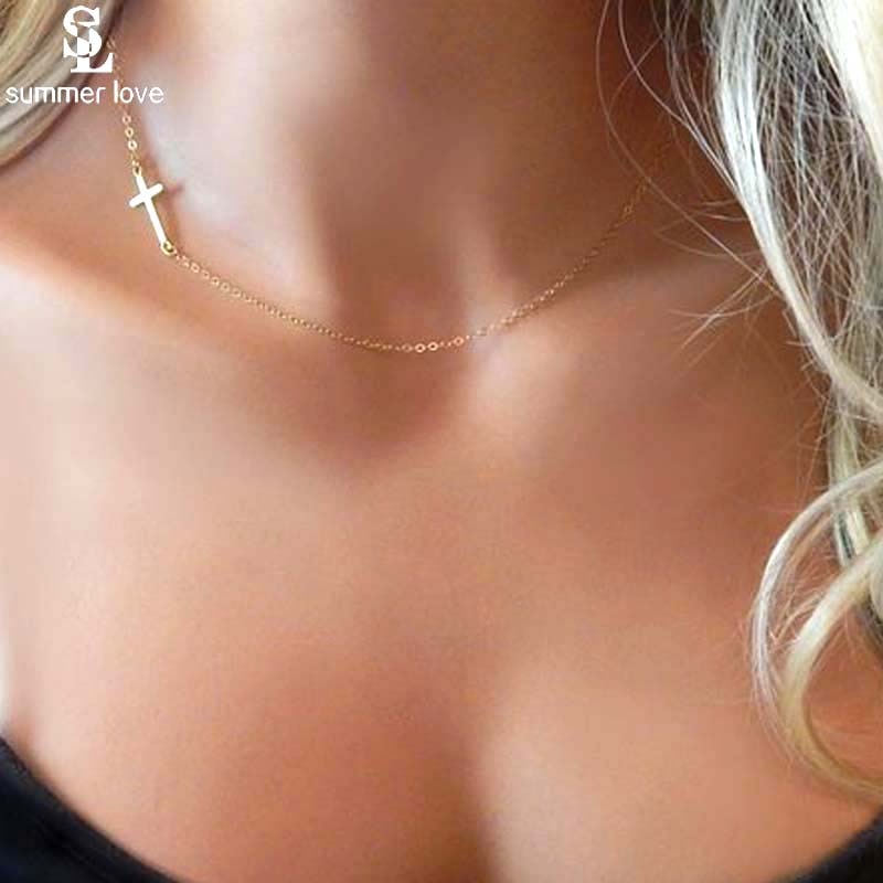 2021 Stainless Steel Choker Necklace Women Gold Color Sideways Cross Necklace Tiny Short Chain Collares Female Religious Jewelry
