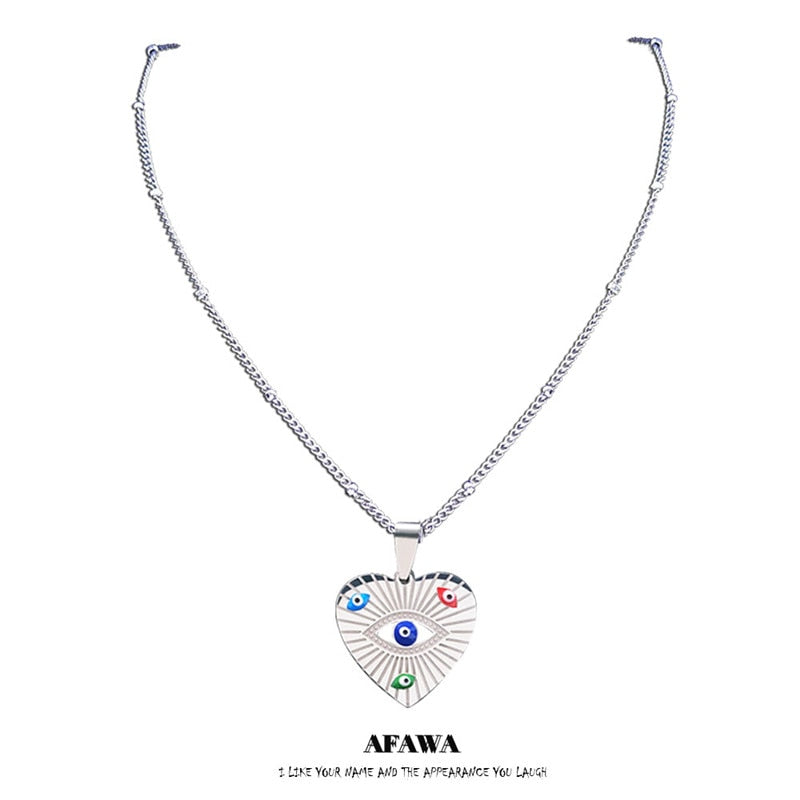 2021 Stainless Steel Colorful Heart Islam Turkey Eyes Necklaces Charm Silver Color Necklace Women Jewelry ojo turco N5209S02