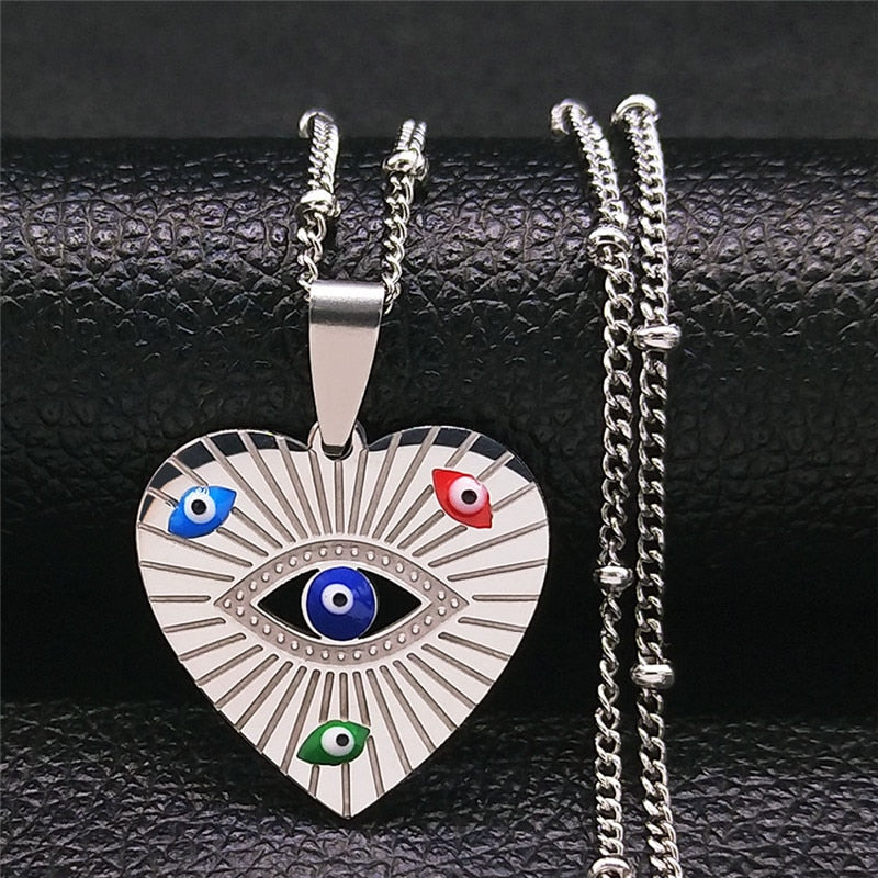 2021 Stainless Steel Colorful Heart Islam Turkey Eyes Necklaces Charm Silver Color Necklace Women Jewelry ojo turco N5209S02