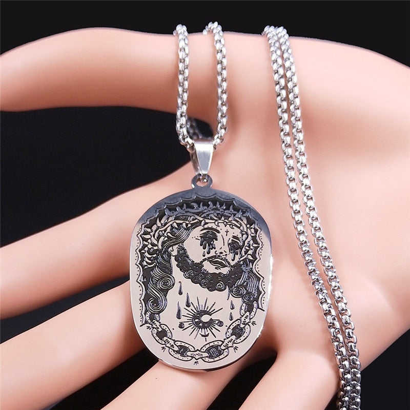 2021 Stainless Steel Goth Jesus Chain Necklaces for Women/Men Silver Color Big Necklaces Chain Jewelry colgante N3633S01