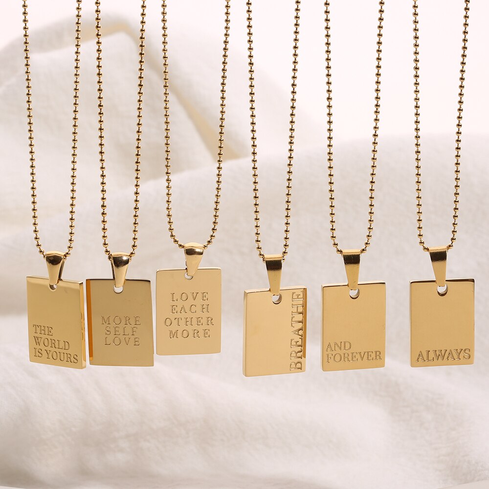 2021 Stainless Steel Inspirational Necklace Gold Plated Engraved Letters Square Pendant Beads Chain Necklace For Women Girls