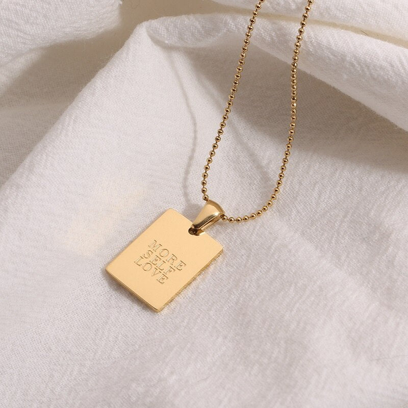 2021 Stainless Steel Inspirational Necklace Gold Plated Engraved Letters Square Pendant Beads Chain Necklace For Women Girls