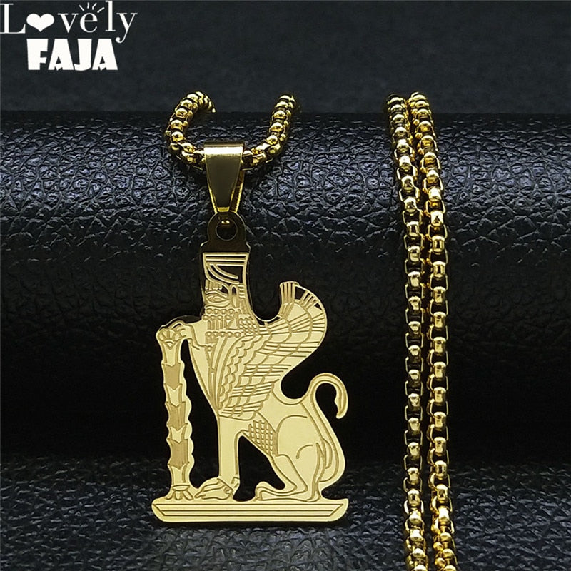 2021 Stainless Steel Mazda Culture Necklaces Pendants Gold Color Persian Empire Religion Zoroastrianism Sphinx Jewelry N4519S05