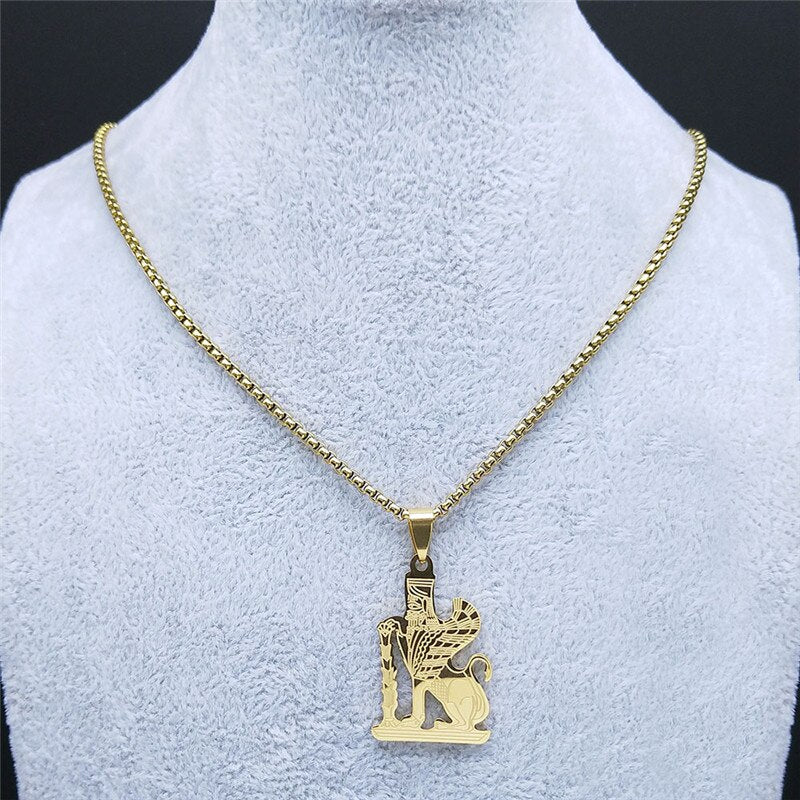 2021 Stainless Steel Mazda Culture Necklaces Pendants Gold Color Persian Empire Religion Zoroastrianism Sphinx Jewelry N4519S05