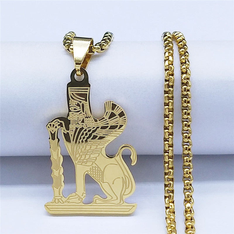 2021 Stainless Steel Mazda Culture Necklaces Pendants Gold Color Persian Empire Religion Zoroastrianism Sphinx Jewelry N4519S05