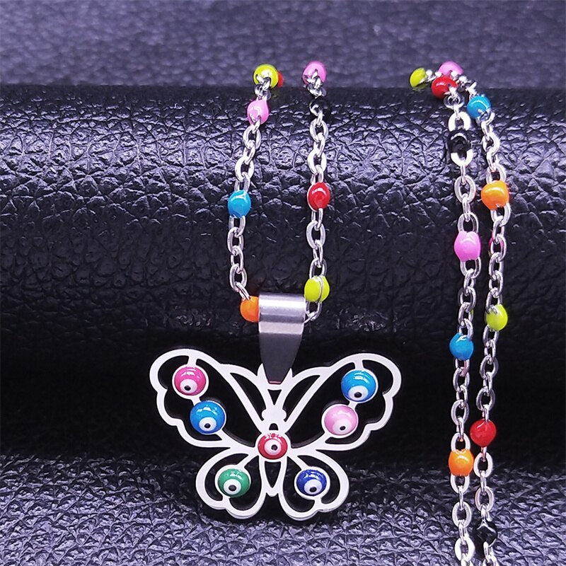 2022 Stainless Steel Muslim Colorful Turkey Eye Butterfly Necklaces Women Silver Color Charm Necklace jewlery cadena N5213S04
