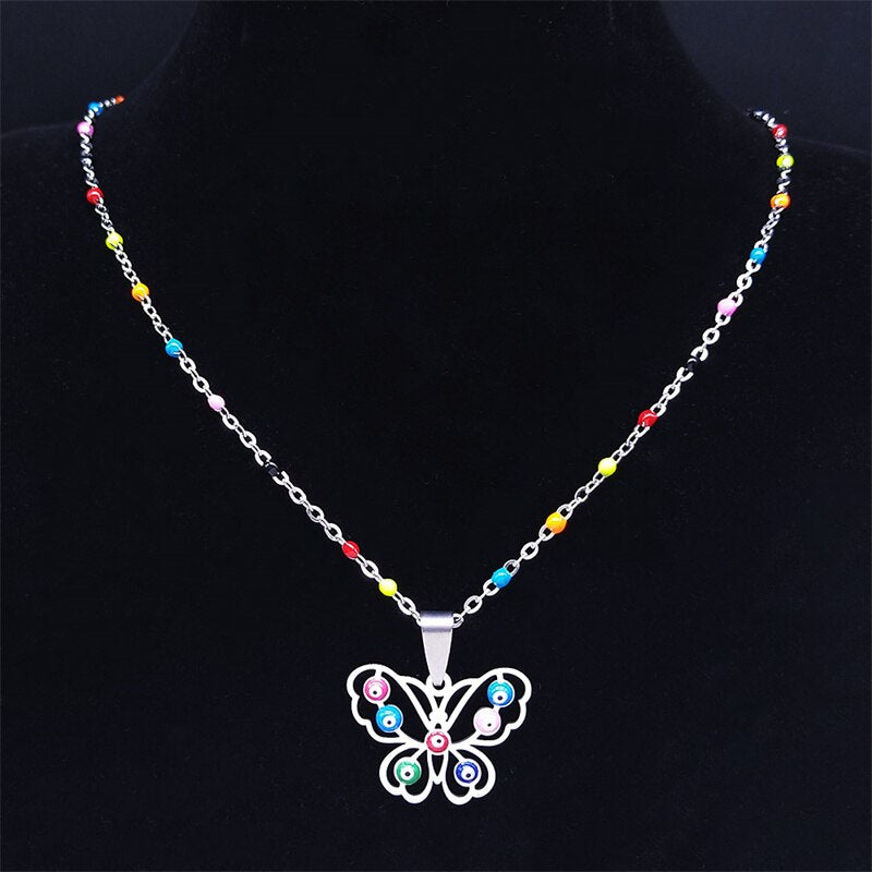 2022 Stainless Steel Muslim Colorful Turkey Eye Butterfly Necklaces Women Silver Color Charm Necklace jewlery cadena N5213S04