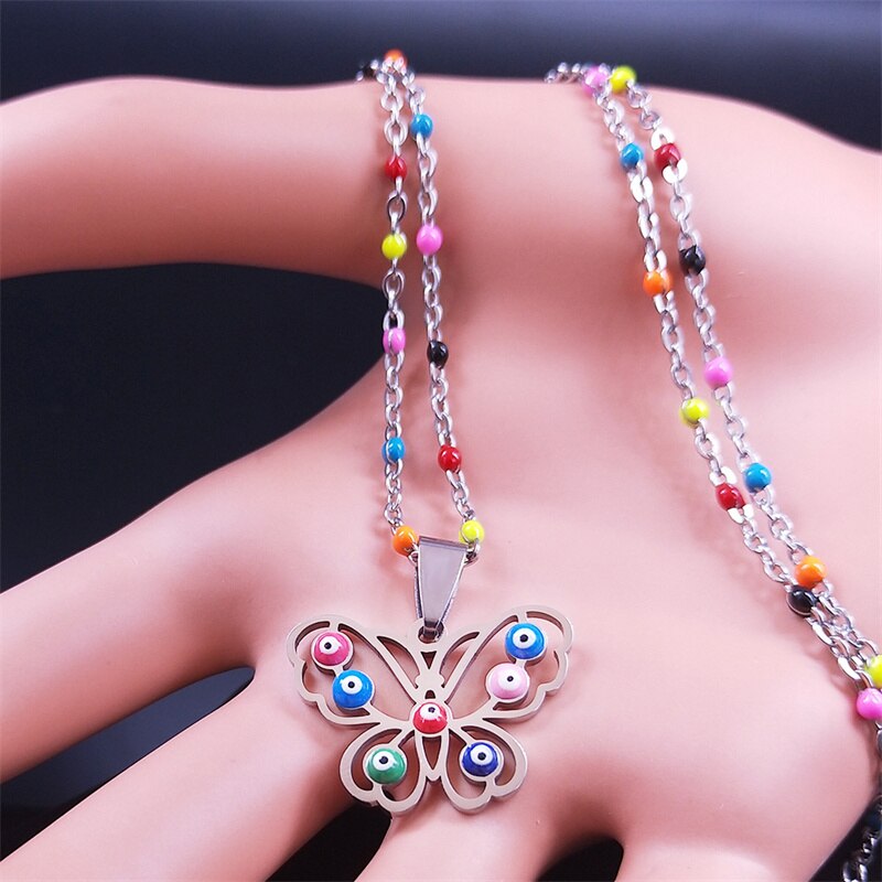 2022 Stainless Steel Muslim Colorful Turkey Eye Butterfly Necklaces Women Silver Color Charm Necklace jewlery cadena N5213S04