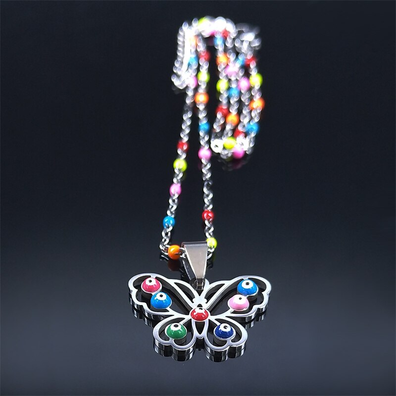 2022 Stainless Steel Muslim Colorful Turkey Eye Butterfly Necklaces Women Silver Color Charm Necklace jewlery cadena N5213S04