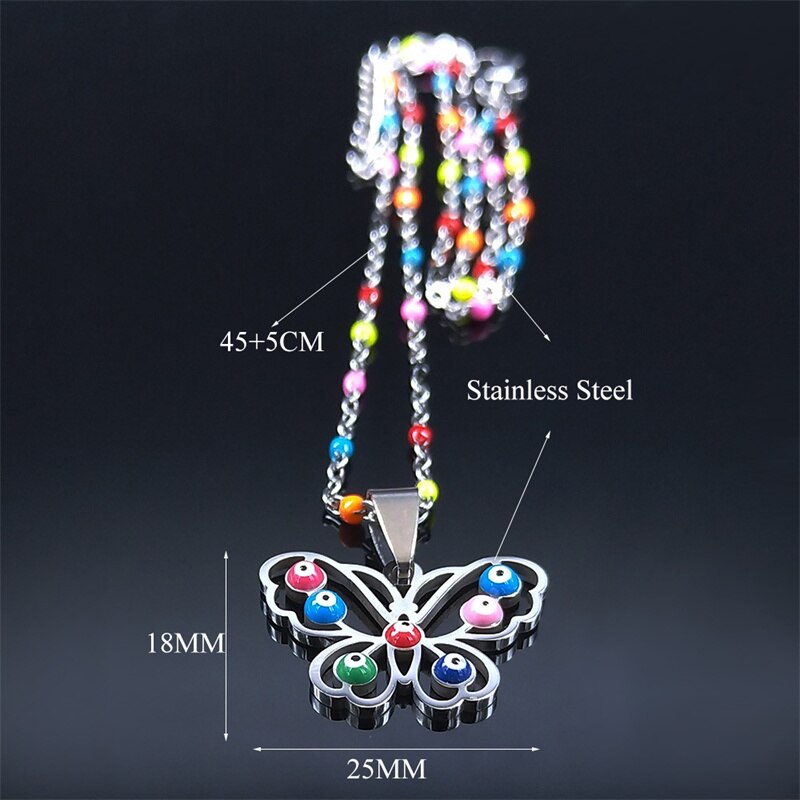 2022 Stainless Steel Muslim Colorful Turkey Eye Butterfly Necklaces Women Silver Color Charm Necklace jewlery cadena N5213S04