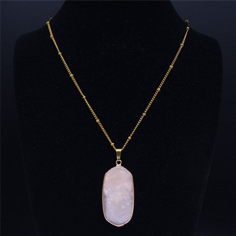 2022 Stainless Steel Natural Crystal Neckless for Women Gold Color Pink Necklaces & Pendants Jewelry colgante mujer NB13S04