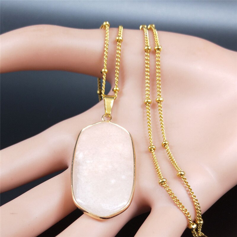2022 Stainless Steel Natural Crystal Neckless for Women Gold Color Pink Necklaces & Pendants Jewelry colgante mujer NB13S04