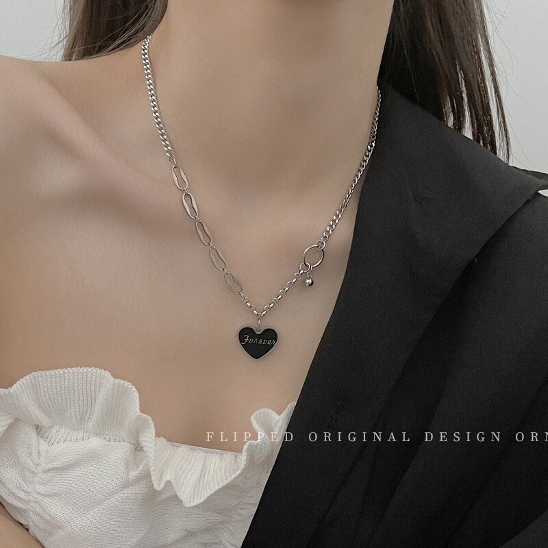 2021 Summer Black Heart Necklace For Women Vintage Pendant Cuban Chain Goth Choker Stainless Steel Jewelry Free Shiping