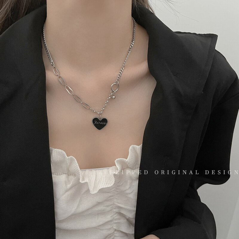 2021 Summer Black Heart Necklace For Women Vintage Pendant Cuban Chain Goth Choker Stainless Steel Jewelry Free Shiping