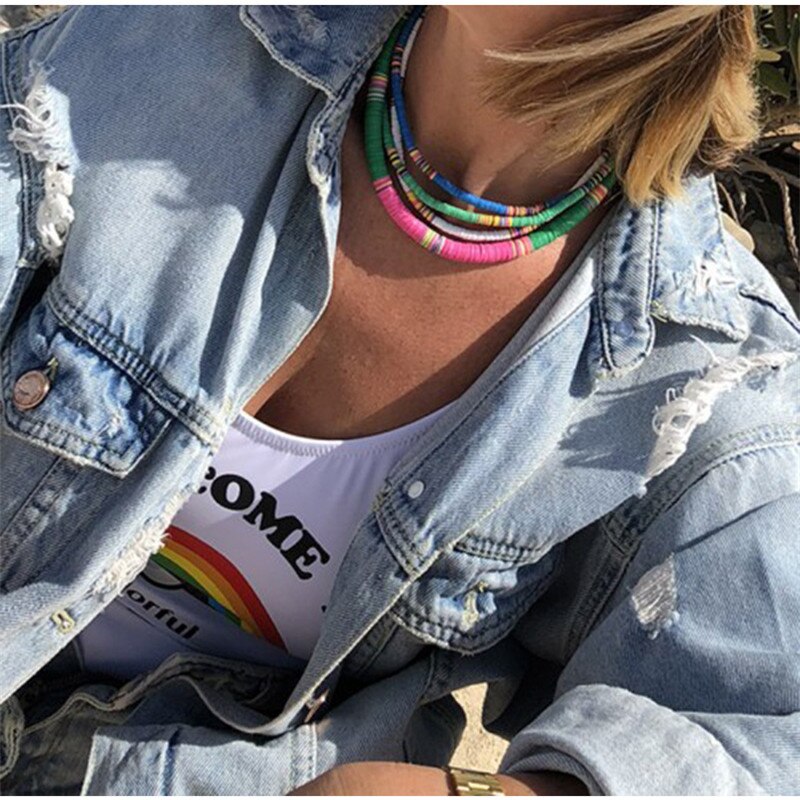 2021 Summer Steampunk Colorful Boho Necklaces for Women Handmade Round Polymer Clay Beads Choker Collares Ladies Boho Jewelry