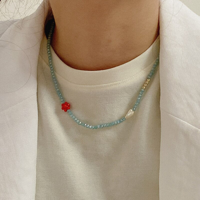 2021 Summer Trendy Irregular Imitation Pearl Red Flower Round Colorful Acrylic Beaded Necklace for Women Jewelry Accessories