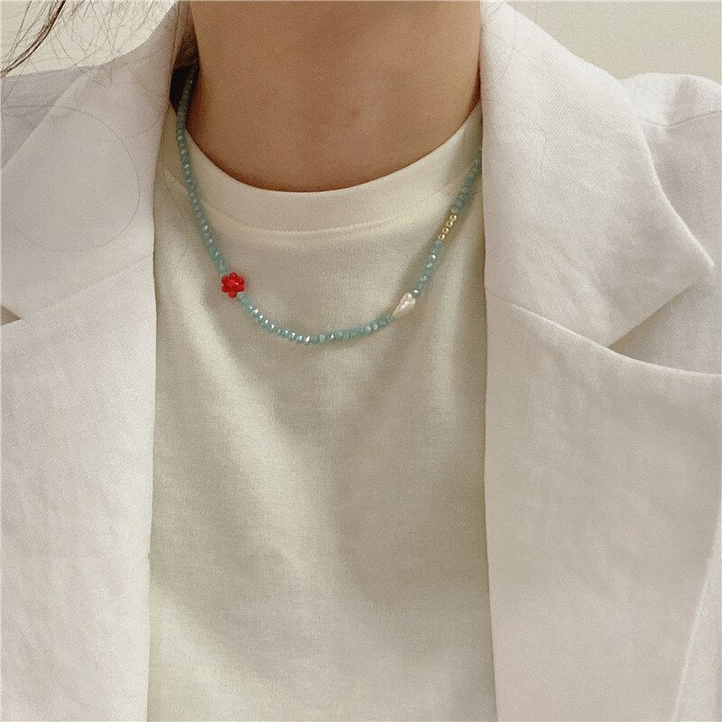 2021 Summer Trendy Irregular Imitation Pearl Red Flower Round Colorful Acrylic Beaded Necklace for Women Jewelry Accessories