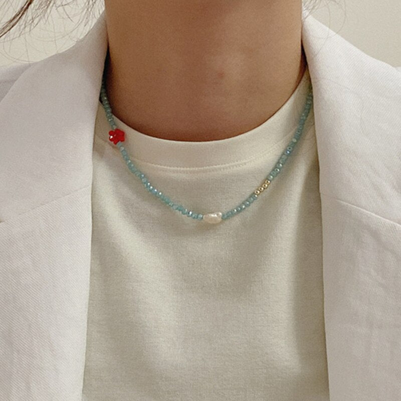 2021 Summer Trendy Irregular Imitation Pearl Red Flower Round Colorful Acrylic Beaded Necklace for Women Jewelry Accessories