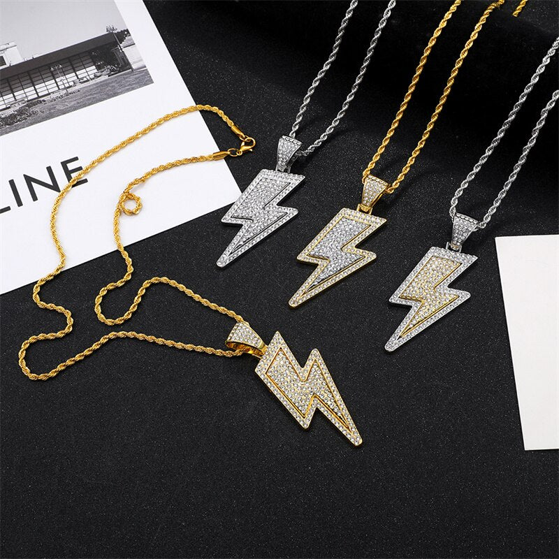 2022 Temperament  Hip Hop Retro Full Zircon Lightning Necklace Gold Men's Party Locomotive Accessories Pendant Necklace Jewelry