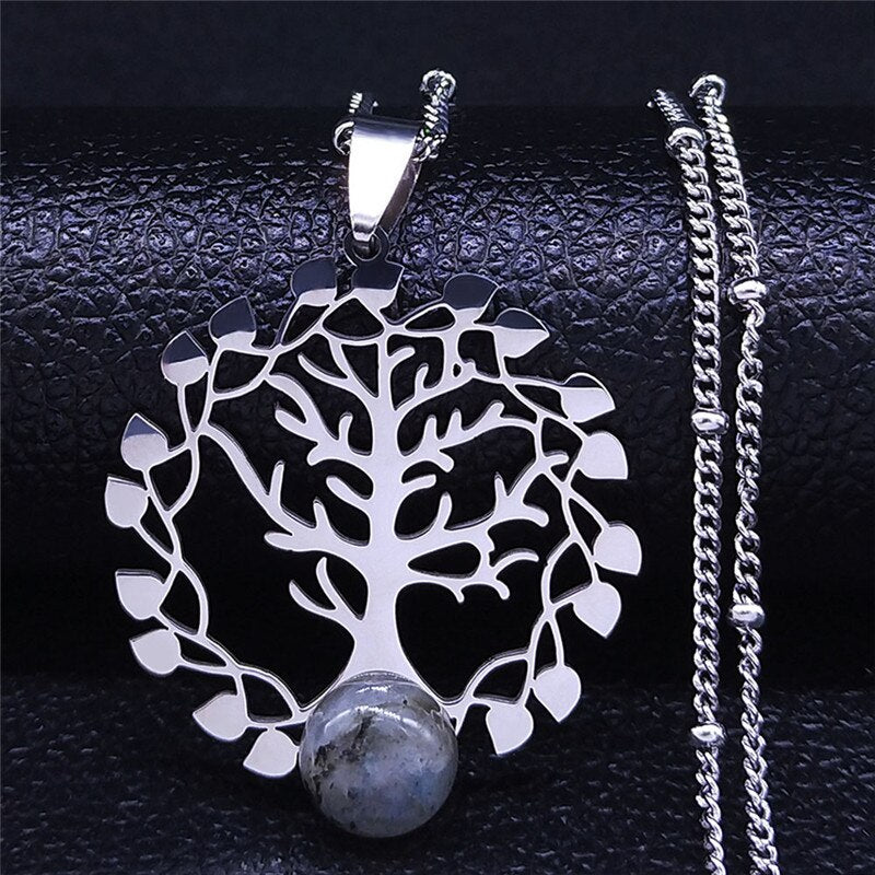 2022 Tree of Life Flash Stone Stainless Steel Charm Necklaces Women Silver Color Pendant Necklace Jewelry collier femme N4320S03