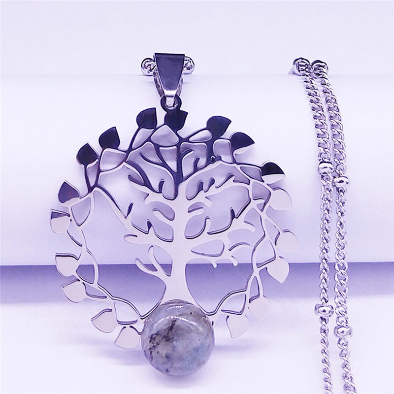 2022 Tree of Life Flash Stone Stainless Steel Charm Necklaces Women Silver Color Pendant Necklace Jewelry collier femme N4320S03