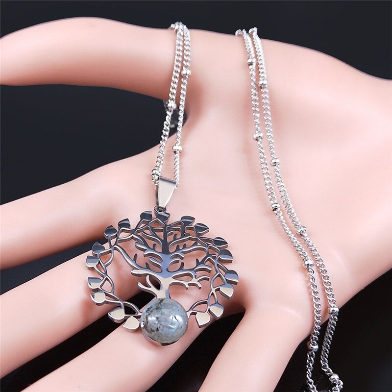 2022 Tree of Life Flash Stone Stainless Steel Charm Necklaces Women Silver Color Pendant Necklace Jewelry collier femme N4320S03