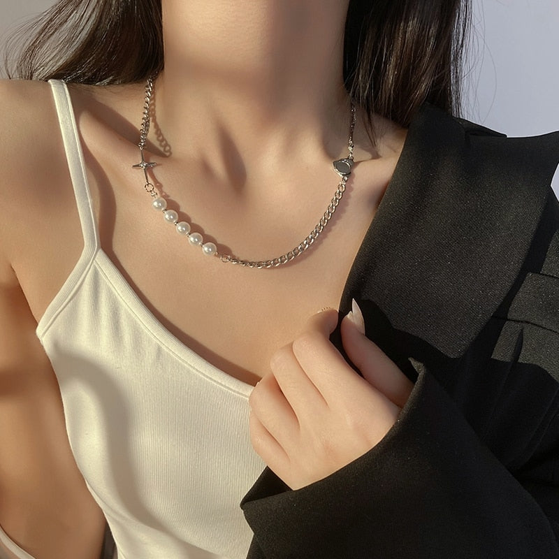 2021 Trend Personality Hip Hop Multilayer Necklace for Women Metal Pearl Couple Pendant Silver Color Chain Necklace Jewelry