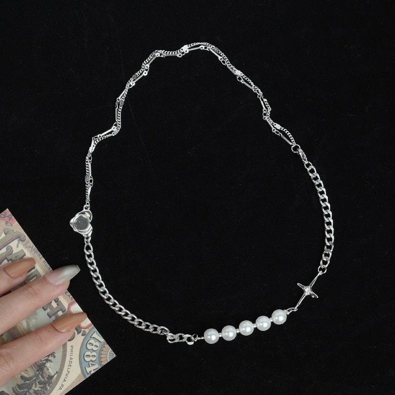 2021 Trend Personality Hip Hop Multilayer Necklace for Women Metal Pearl Couple Pendant Silver Color Chain Necklace Jewelry