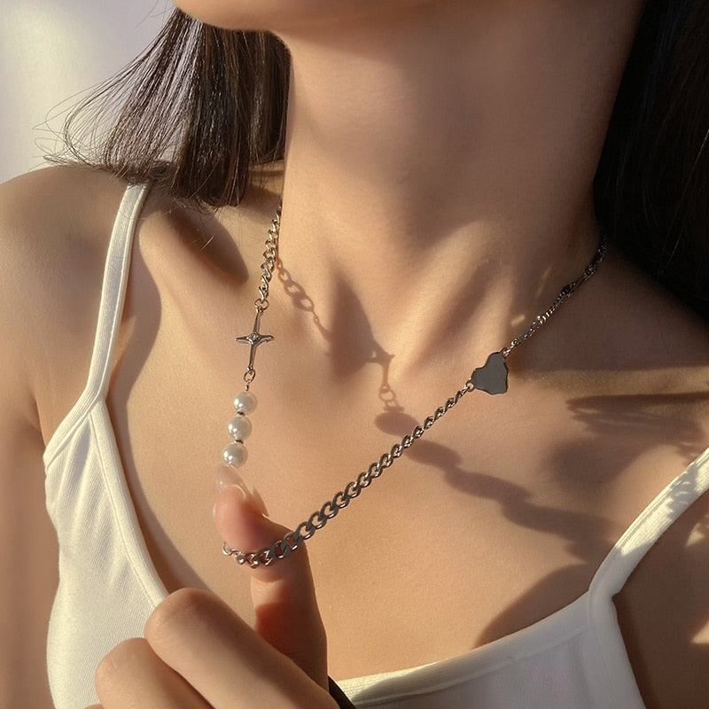2021 Trend Personality Hip Hop Multilayer Necklace for Women Metal Pearl Couple Pendant Silver Color Chain Necklace Jewelry