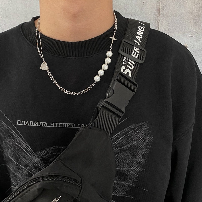 2021 Trend Personality Hip Hop Multilayer Necklace Men Metal Pearl Couple Pendant Silver Color Chain Necklace for Women Jewelry