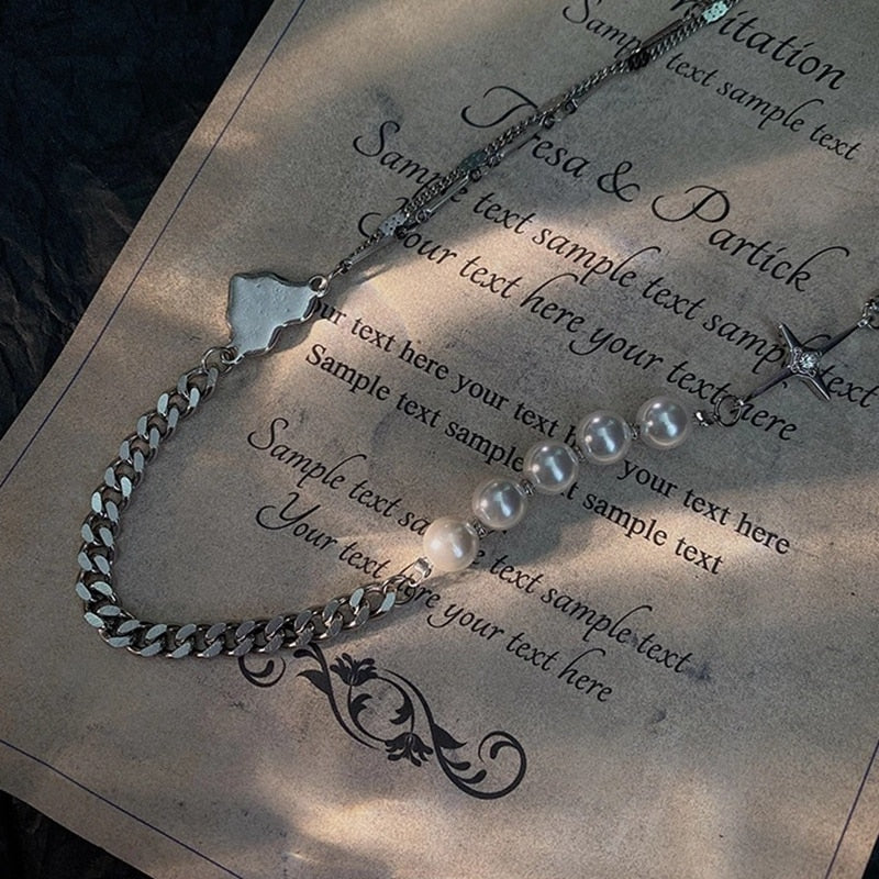 2021 Trend Personality Hip Hop Multilayer Necklace Men Metal Pearl Couple Pendant Silver Color Chain Necklace for Women Jewelry