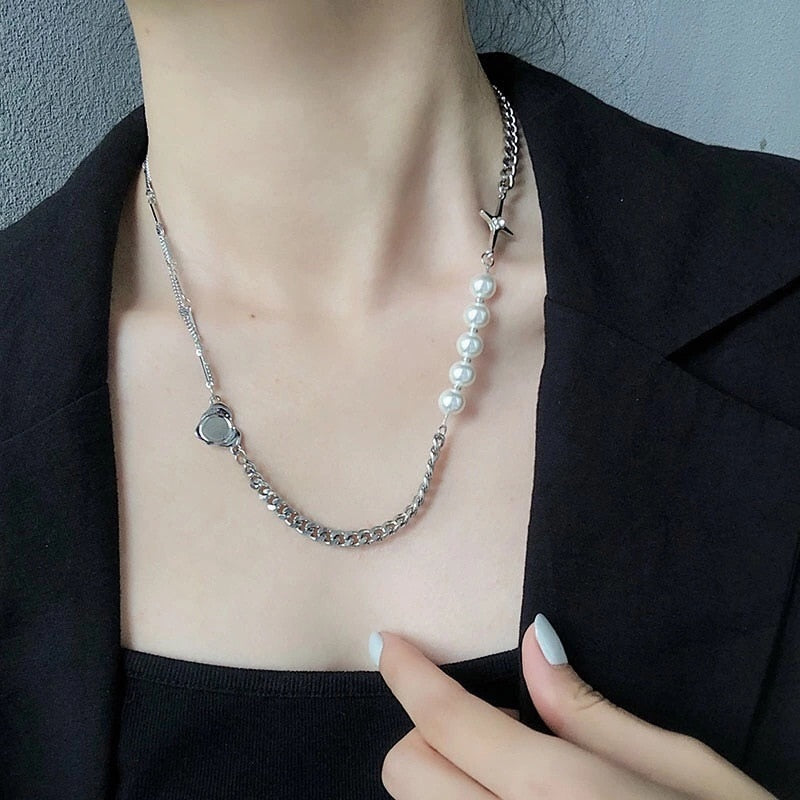 2021 Trend Personality Hip Hop Multilayer Necklace Men Metal Pearl Couple Pendant Silver Color Chain Necklace for Women Jewelry