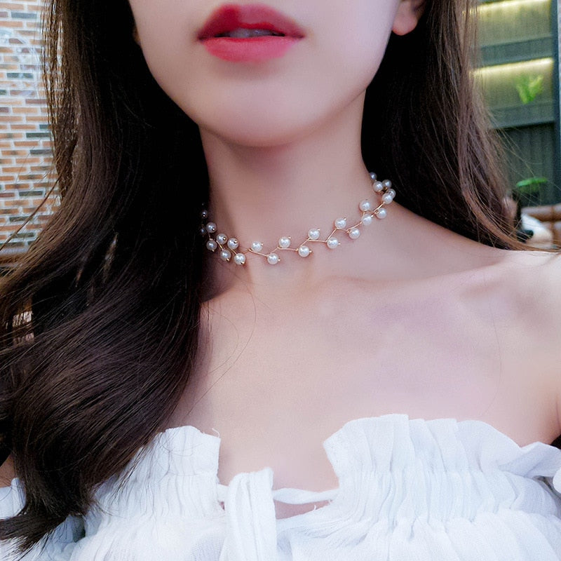2021 Trendy Elegance Statement Necklace Charm Simulated Pearl Beads Choker Necklace For Women Kolye Collier Femme