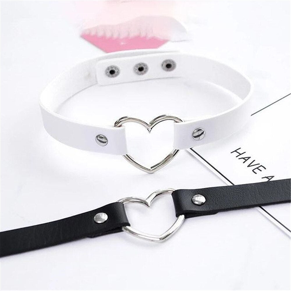 2021 Trendy Simple Heart Choker Necklace PU Leather Colorful Collar Punk Gothic Women Jewelry Handmade Harajuku Party Club 2021