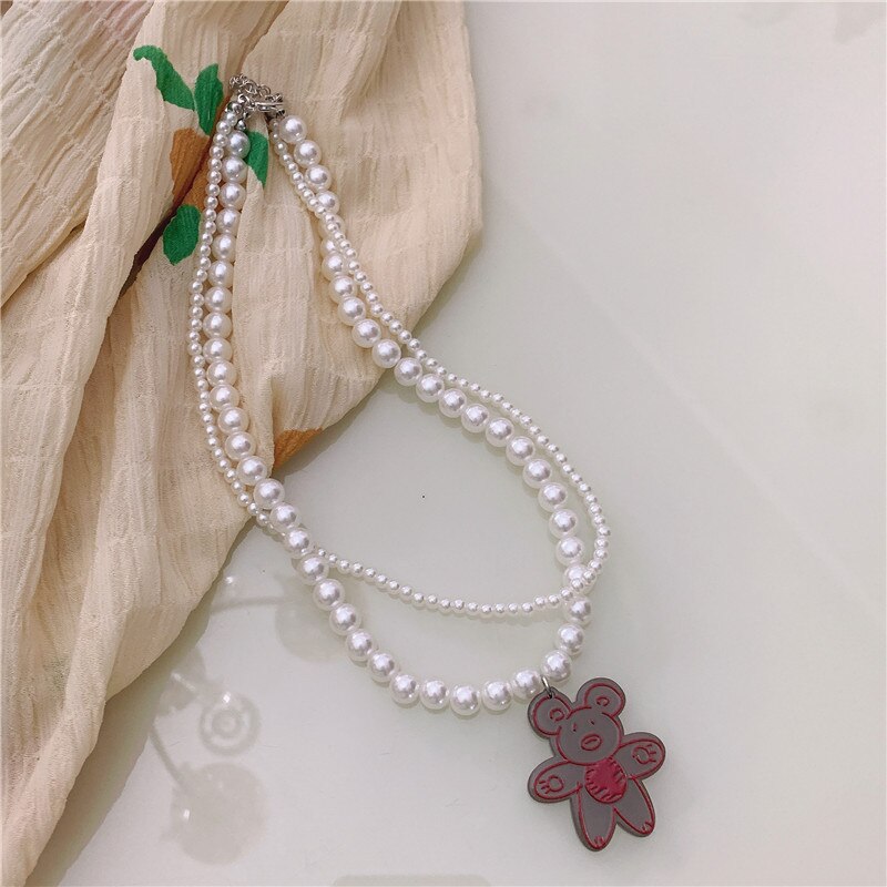 2021 Vintage Cute Cartton Bear Pendant Double Layer Imitation Pearl Elegant Necklace for Women Girls Handmade Jewelry Gifts