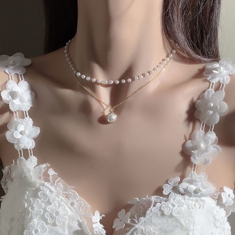 2021 Vintage Double layer Kpop Pearl Chain Pendant Choker Necklace for Women Golden Color Chain Gothic Necklace Jewelry