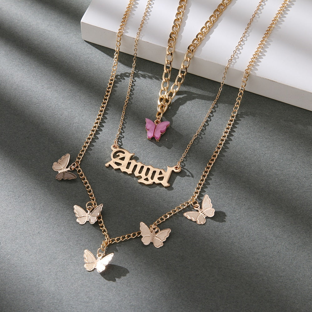 2021 Vintage Multilayer Acrylic Butterfly Choker Necklace  Women Letter Golden Chain Layered Necklace Jewelry Party Gift