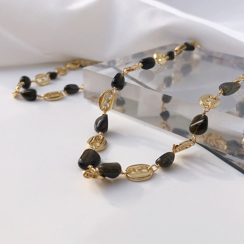 2021 Vintage Simple Irregular Black Onyx Metallic Gold Color Stitching Necklace Geometry Choker for Women Girls Travel Jewelry