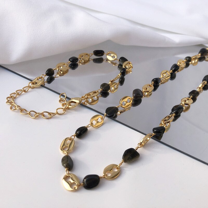 2021 Vintage Simple Irregular Black Onyx Metallic Gold Color Stitching Necklace Geometry Choker for Women Girls Travel Jewelry
